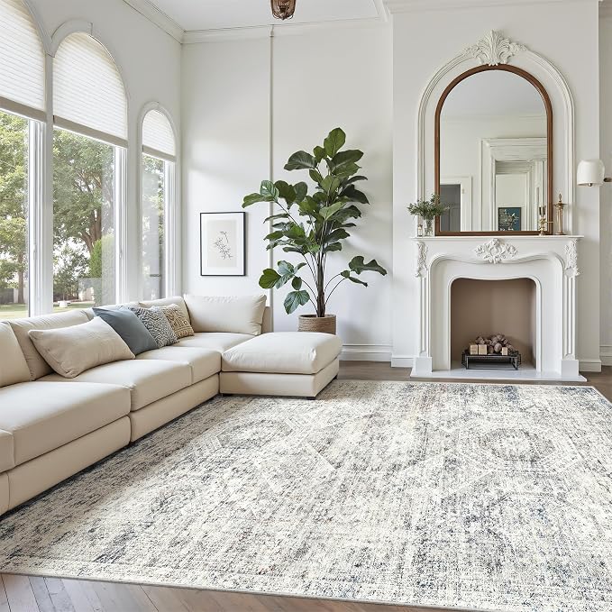 Soalmost Washable Area Rug 8x10 Large Soft Living Room Rugs Blue/Ivory | - Image 2