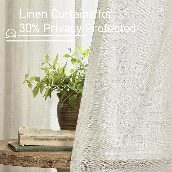 68 inch Semi Sheer Linen Curtains 2 Panels, Light Filtering Panels | Cream Ivory - Image 5