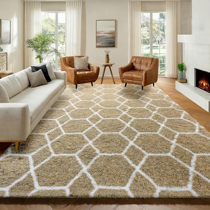 6x9 Area Rugs for Living Room Bedroom, Fluffy Beige and White Geometric Rug | by ONASAR