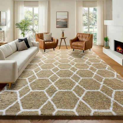 7x9 Area Rugs for Living Room Bedroom, Fluffy Beige and White Geometric Rug | by ONASAR