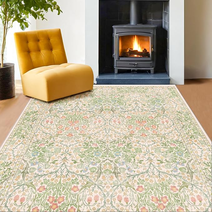 Light Beige Green Living Room Rug, 6x8 Washable Area Rug by HazoHaus