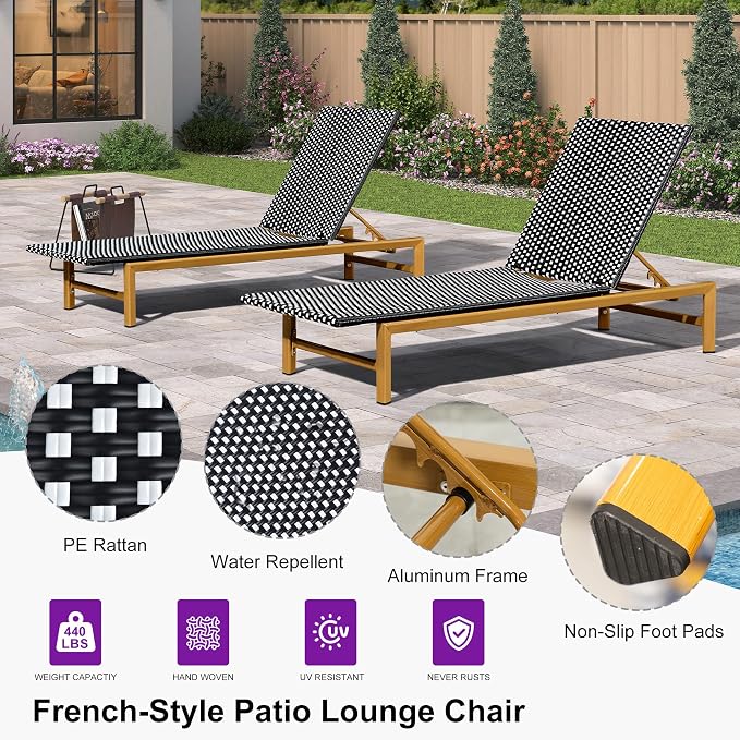 PURPLE LEAF Patio Chaise Lounge French Outdoor Lounger 2 Pieces Wood-Grain - Image 3