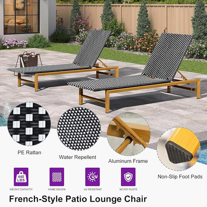 PURPLE LEAF Patio Chaise Lounge French Outdoor Lounger 2 Pieces Wood-Grain - Image 3