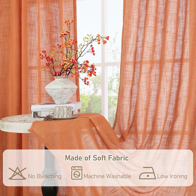 54 Inch Semi Sheer Window Linen Curtains, Light Filtering Panels | Faux Linen - Image 8