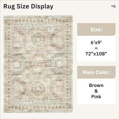 Soalmost 6x9 Area Rug for Living Room Washable Rugs Non-Slip Brown/Pink | - Image 3