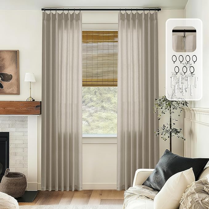 96 Inch Pinch Pleated Linen Textured Curtains Burlywood Birch | Tan, Semi Sheer - Image 5