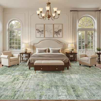 Soalmost 10x14 Area Rugs for Living Room Washable Rug Abstract Green/Ivory | - Image 3