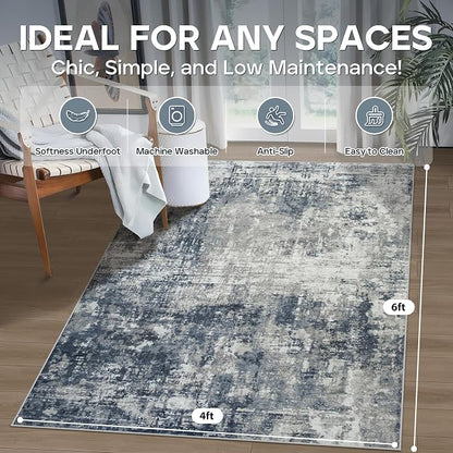 4x6 Area Rugs for Living Room Bedroom Dining Room Washable Blue Grey | Soft - Image 2