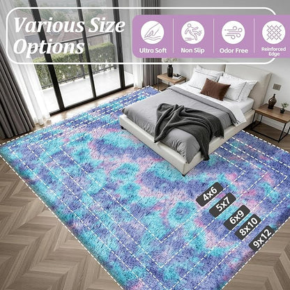 Area Rug Living Room Bedroom: 6x9 Fluffy Plush Shag Carpet Rainbow | - Image 9