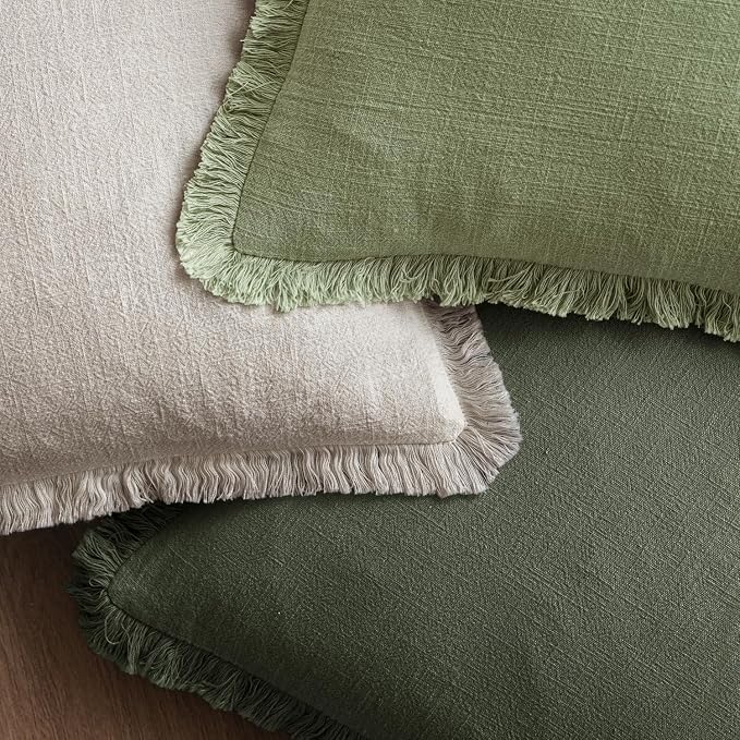 MIULEE Boho Linen Fringe Decorative Throw Pillow Covers Rifle Green 20x20 | Set - Image 4