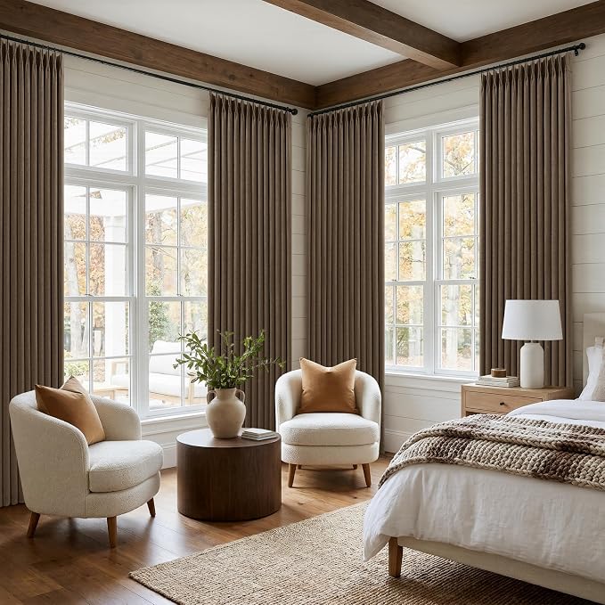 Thick Linen Pleated Brown Blackout Double Layer Curtains 90 Inches Long | Room - Image 9