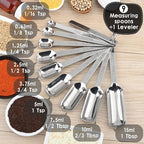 Measuring Cups and Spoons Set 17, 7 Stainless Steel Measuring Cup Set, 9 Spice Long Measuring Spoons with 1 Leveler for Kitchen and Baking, 18/8 Steel Dry Metric Measure Cups &Spoons Set