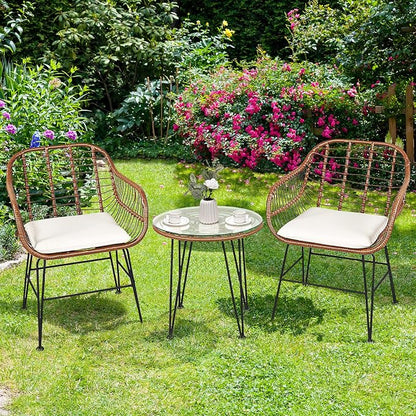 Tangkula 3 Pieces Patio Conversation Bistro Set, Outdoor Wicker Furniture - Image 4