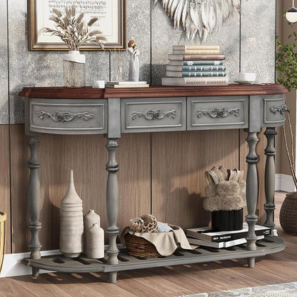 Retro Wood Curved Entryway Console Table 52-Inch Half Moon Hall Entryway Sofa - Image 3