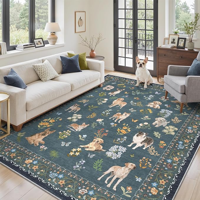 Soalmost Dog 6x9 Area Rugs for Living Room, Washable Soft Rug Navy Blue | by Soalmost