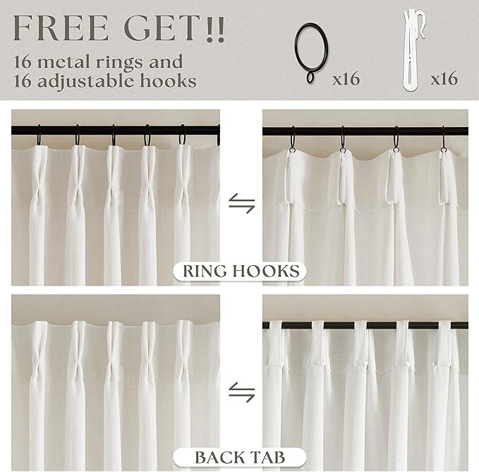 Natural Pinch Pleat Linen Kitchen Curtains 45 Inches Long 2 Panels Set | - Image 3