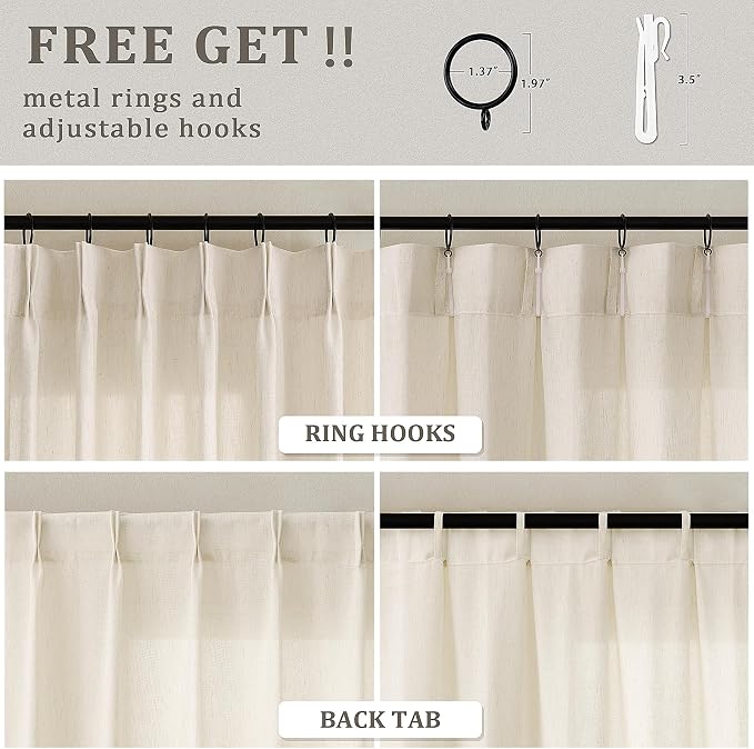 Cream Beige Pinch Pleated Linen Curtains 84 Inches Long Semi Sheer | Light - Image 3