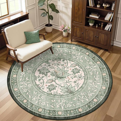 GarveeHome Sage Green Botanical Grove 4ft Round Rug, Small Circle Vintage by GarveeHome