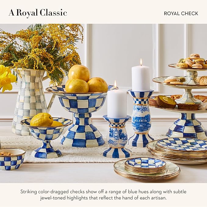 MACKENZIE-CHILDS Enamel Salad and Dessert Plate, Small Plate for a Dessert or Appetizer Dish, 8 Inches, Set of 4, Blue-and-White Royal Check