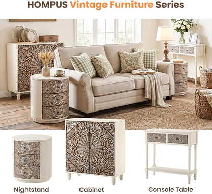 HOMPUS Round End Table Set 2, Fully Assembled Nightstand w 3 Storage Drawers - Image 6