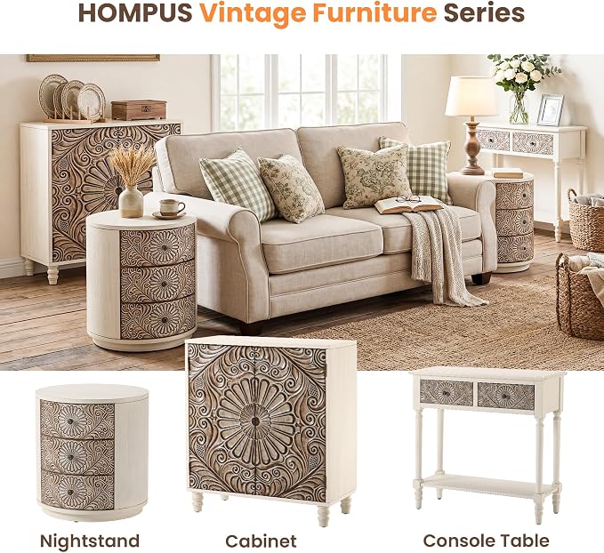HOMPUS Round End Table with Carved Floral Pattern, Vintage Nightstand w 3 - Image 7
