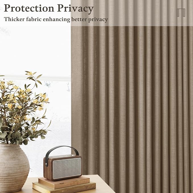 96 Inches Pleated Linen Tan Latte Memory Train Semi Sheer Curtains 2 Panels | - Image 3