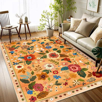 RELEANY Floral Washable 4x6 Area Rugs Yellow/Orange/Red | Flower Carpet Print - Image 5