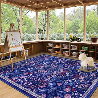 PLHXFR Area Rug Living Room: 5x7 Floral Washable Boho Soft Carpet Blue | - Image 5