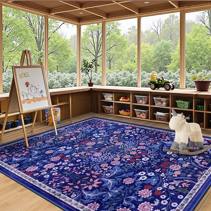 PLHXFR Area Rug Living Room: 4x6 Floral Washable Boho Soft Carpet Blue | - Image 4