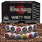 InfuSio Coffee Pods Variety Pack – 96 Count, 12 Crafted Medium & Dark Roast Blends and Artisan-Inspired Flavors Like Bourbon Pecan & Butter Toffee, Revival Roaster Collection, Compatible with Keurig 2.0 Brewers