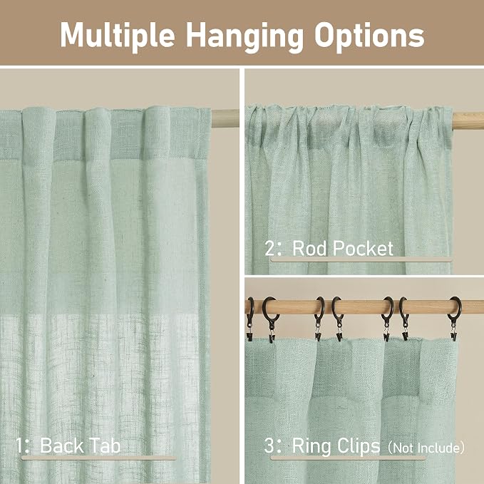 Light Sage Linen Sheer Curtains 84 inch Length 2 Panels, 34 x 84 Inch | Light - Image 3