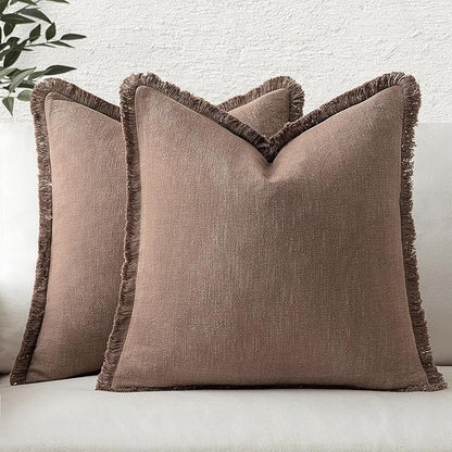 MIULEE Linen Fringe Decorative Fall Throw Pillow Covers Dark Coffee 18x18 | Set by MIULEE