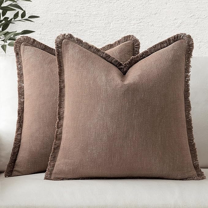 MIULEE Linen Fringe Decorative Fall Throw Pillow Covers Dark Coffee 20x20 | Set by MIULEE