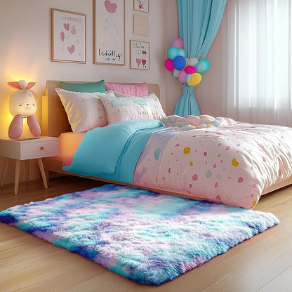 Furry Pastel Rug for Girls Bedroom, Soft Adorable Rainbow Purple Tent Rugs | - Image 9