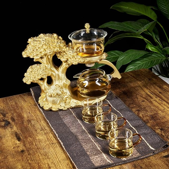 Glass Teapot Set with Infuser Semi Automatic Tea Set Magic Teapot (Tree - golden)
