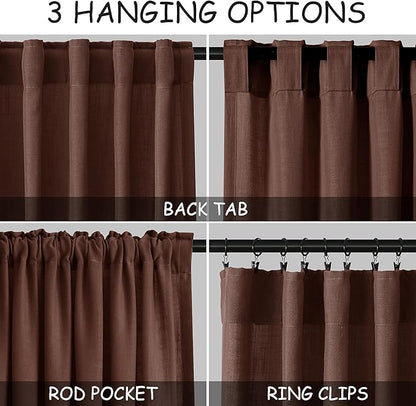 Rustic Brown Linen Curtains Semi Sheer 96 Inches Long 2 Panels Set - Image 2