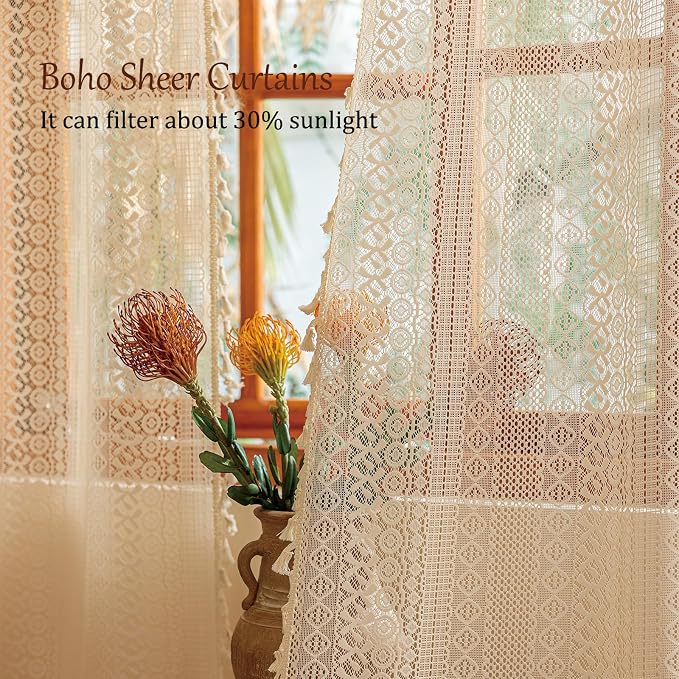 Sutuo Home Beige Boho Lace Curtains 72 inches Long - Image 3