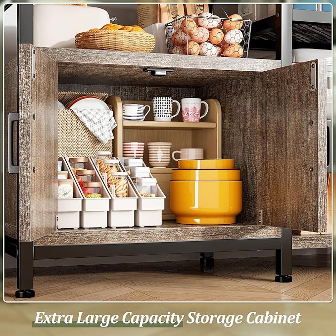 EnHomee Bakers Rack, 6 Tier Microwave Stand, Coffee Bar Organizer with 8 L-Shaped Hooks, Kitchen Shelves with Large Capacity Storage, 14.1 x 30.1 x 63.1 Inches, Black Oak