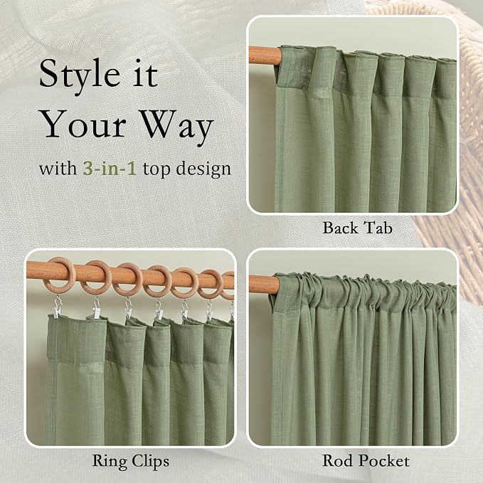 MYSKY HOME Sage Green Sheer Curtains 63 inch Length Semi Sheer Curtains - Image 4