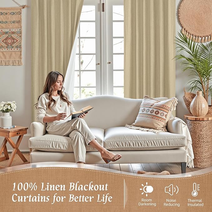 Natural 100% Blackout Linen Curtains 54 Inches - Image 2