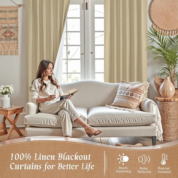 Natural Linen 100% Blackout Window Curtains - Image 3