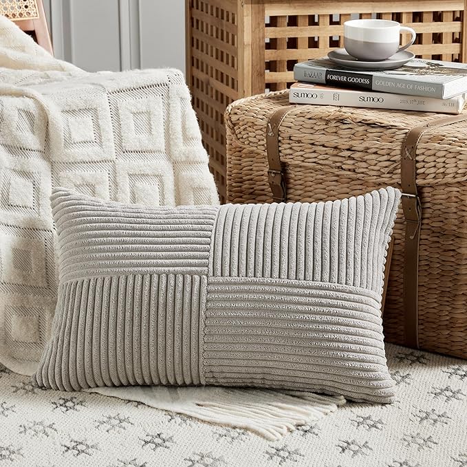 Fancy Homi 2 Packs Neutral Grey Lumbar Decorative Throw Pillow Covers 12x20 Inch - Image 2