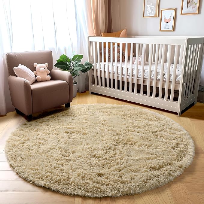 Amdrebio Beige Boho Round Circle Fluffy Area Rug 4Ft - Image 7