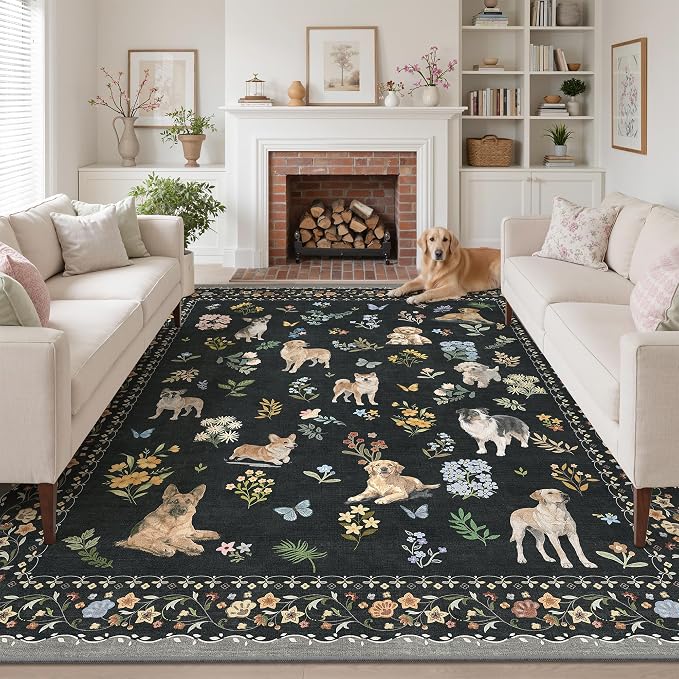 Soalmost Dog 9x12 Area Rugs for Living Room, Washable Animal Soft Rug Black | by Soalmost