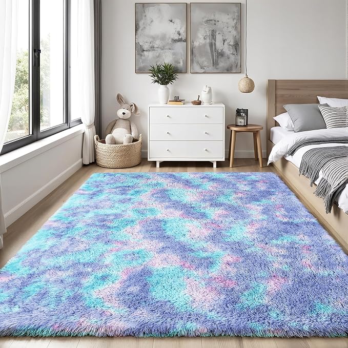 PLHXFR 4x6 Area Rugs Living Room: Fluffy Bedroom Soft Shag Rug Kid Rainbow | - Image 2