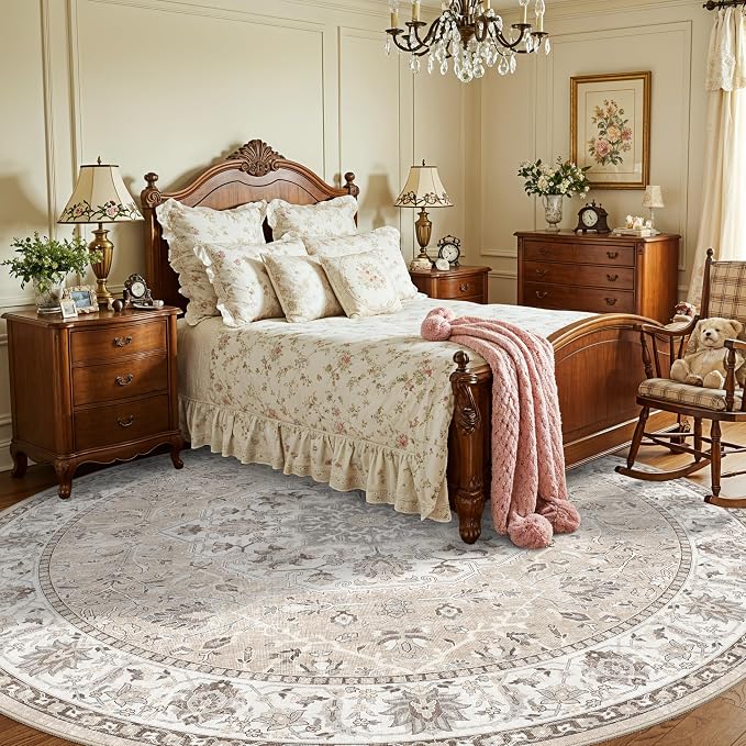 7x7 Living Room Area Rug: Washable Oriental Printed Soft Round Rug - Image 2