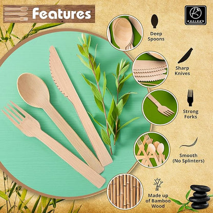 KOELHO'S Pre-Rolled Bamboo Cutlery Set 48-Pack 192 PCS | Bamboo Disposable Utensils 100% Biodegradable and Eco-Friendly | Wood Cutlery Set for Parties, Weddings, and Events