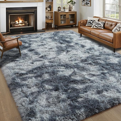 Noahas 8x10 Extra Large Tie-Dyed Blue and Grey Fluffy Area Rug Non-Slip by ModernHomeDecor