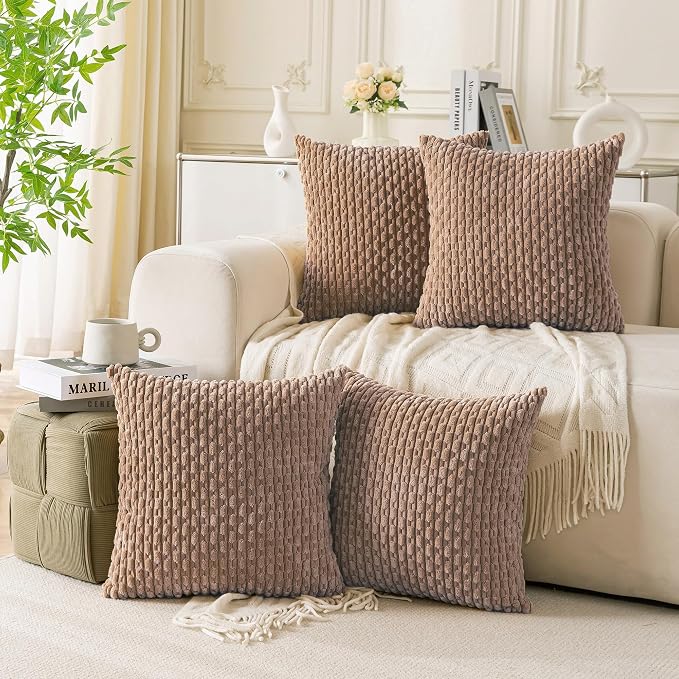 Set of 4 Light Brown Decorative Throw Pillow Covers 24x24 Inch Corduroy Pillow by Cozoomy
