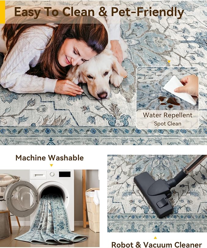 RELEANY Washable Area Rug, Water Repellent, Pet Friendly, Vintage Floral Boho - Image 5